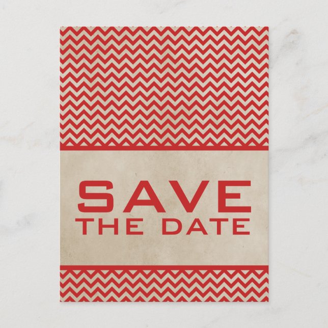 Red Chic Chevron Save the Date Postcard (Front)
