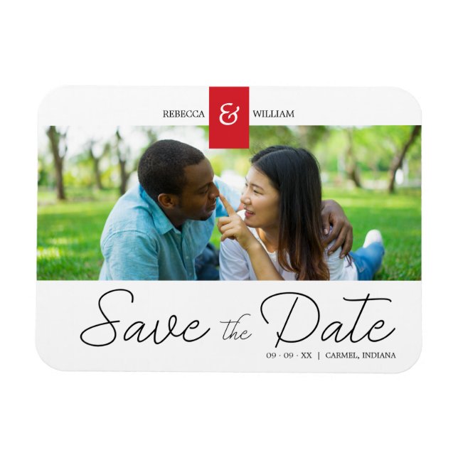 Red Chic Custom Photo Instant Engaged Couple Magnet (Horizontal)