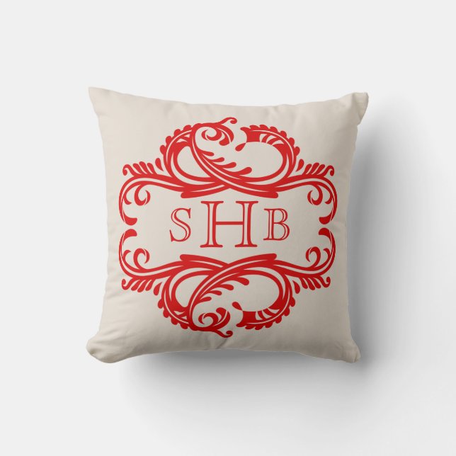 Red Chic Damask Monogram Pillow (Front)