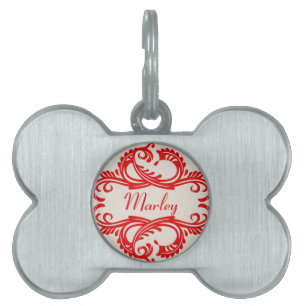 Red Chic Damask Pet Tag