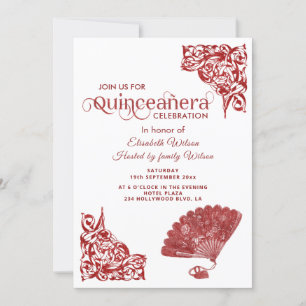 Red Chic hand fan romantic roses Quinceañera Invitation