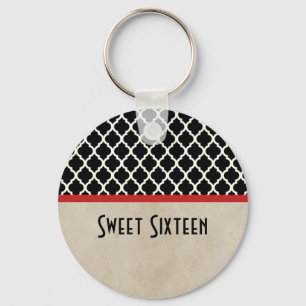 Red Chic Quatrefoil Sweet 16 Keychain
