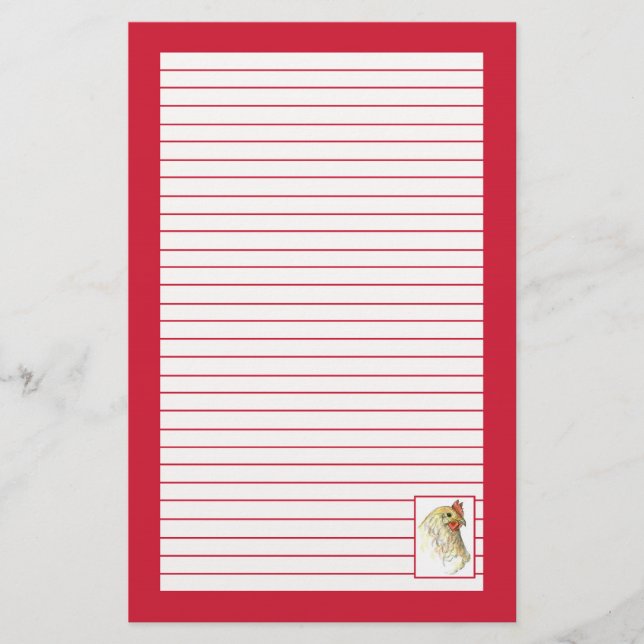 Red Chicken Hen Bird Drawing Lined Stationery (Front)