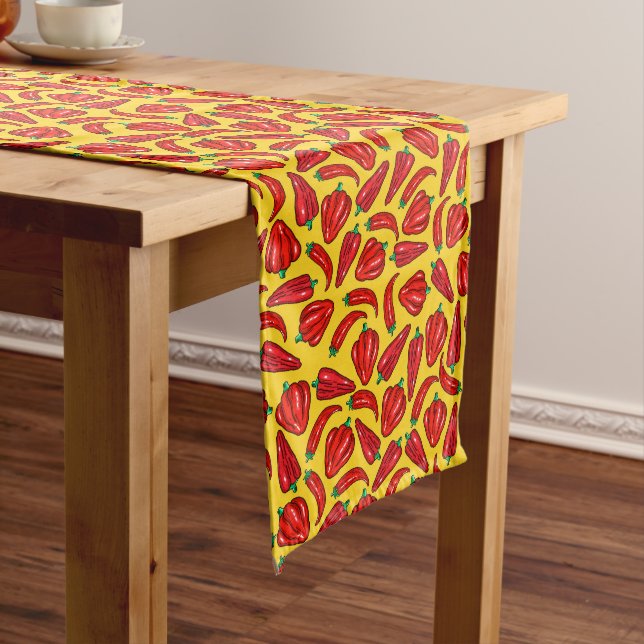 Red Chilli Hot Peppers Yellow Background Long Table Runner (In Situ)