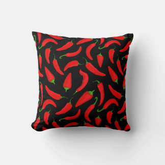 Red Chilli Pepper Pattern on Black Fun Cushion