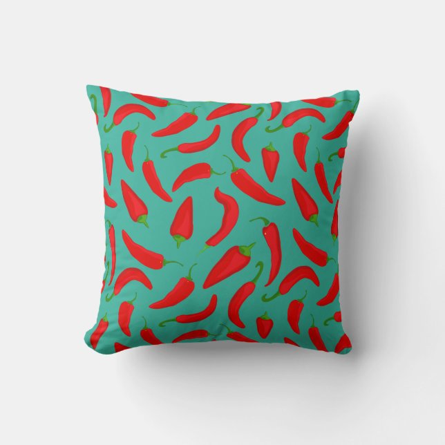 Red Chilli Pepper Pattern on Blue Fun Cushion (Front)