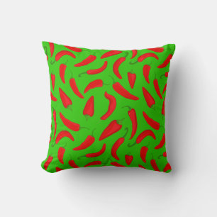 Red Chilli Pepper Pattern on Green Fun Cushion