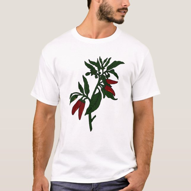 Red chilli peppers on dark green plant T-Shirt (Front)