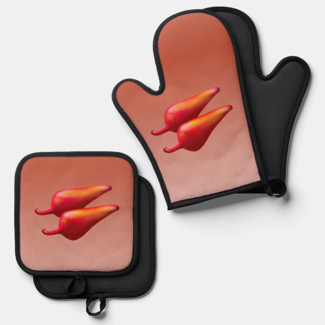 Red Chilli Peppers silicone oven mitts potholders Mitt & Pot Holder Set (Front/Back)