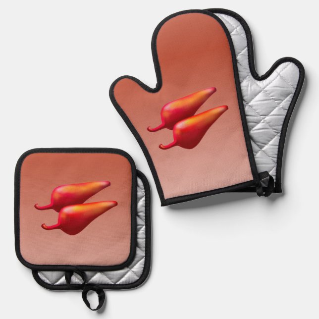 Red Chilli Peppers silver oven mitts potholder set (Front/Back)