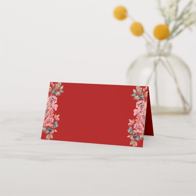 Red Chinese double happiness rustic floral wedding Place Card (Front)