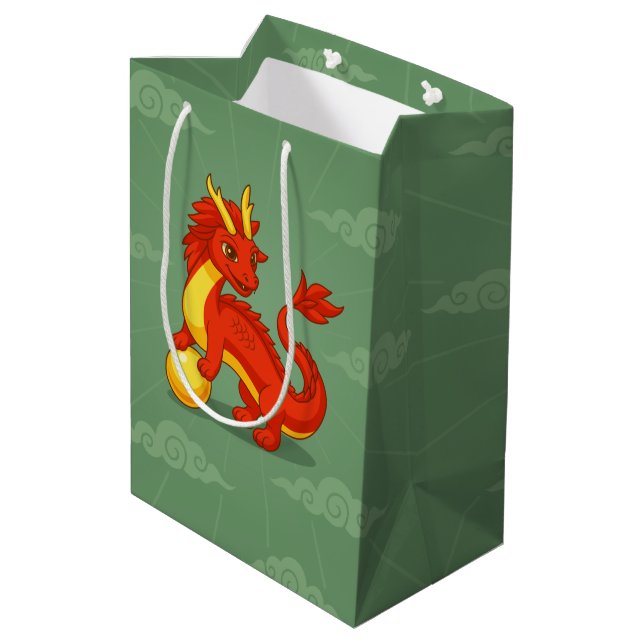 Red Chinese Dragon Birthday on Green Medium Gift Bag (Back Angled)