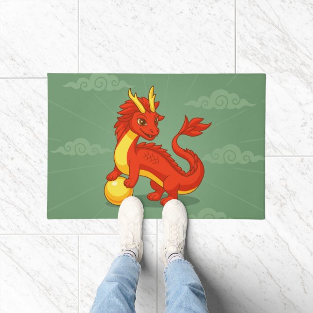 Red Chinese Dragon on Green Doormat (Indoor)