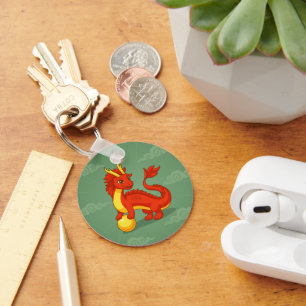 Red Chinese Dragon on Green Key Ring