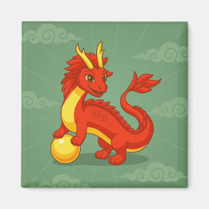 Red Chinese Dragon on Green Magnet