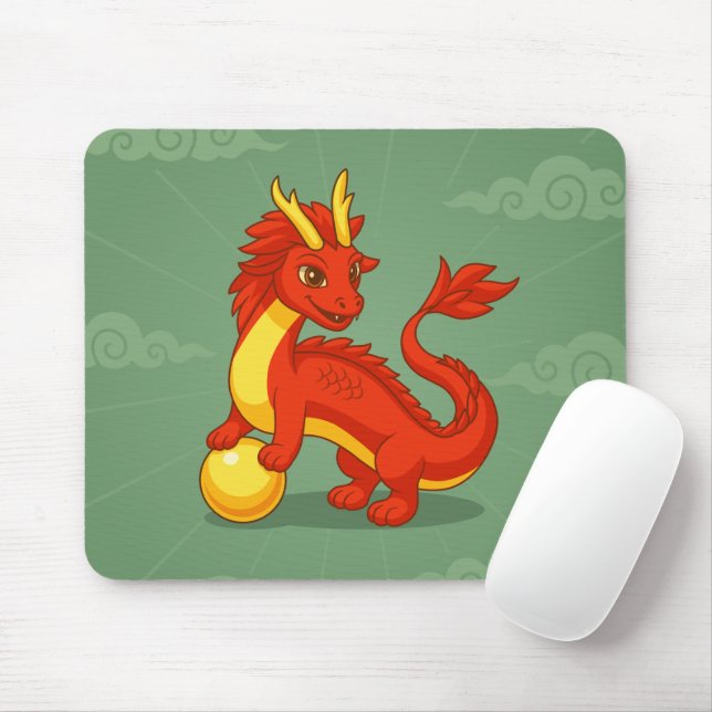 Red Chinese Dragon on Green Mouse Mat (With Mouse)