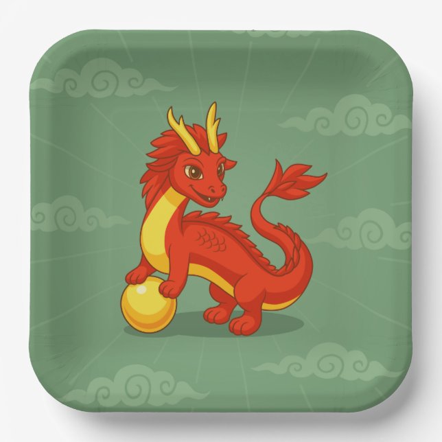 Red Chinese Dragon on Green Paper Plate (Front)