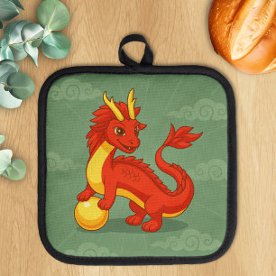 Red Chinese Dragon on Green Pot Holder