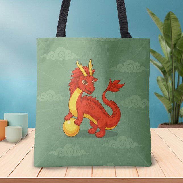 Red Chinese Dragon on Green Tote Bag (Creator Uploaded)