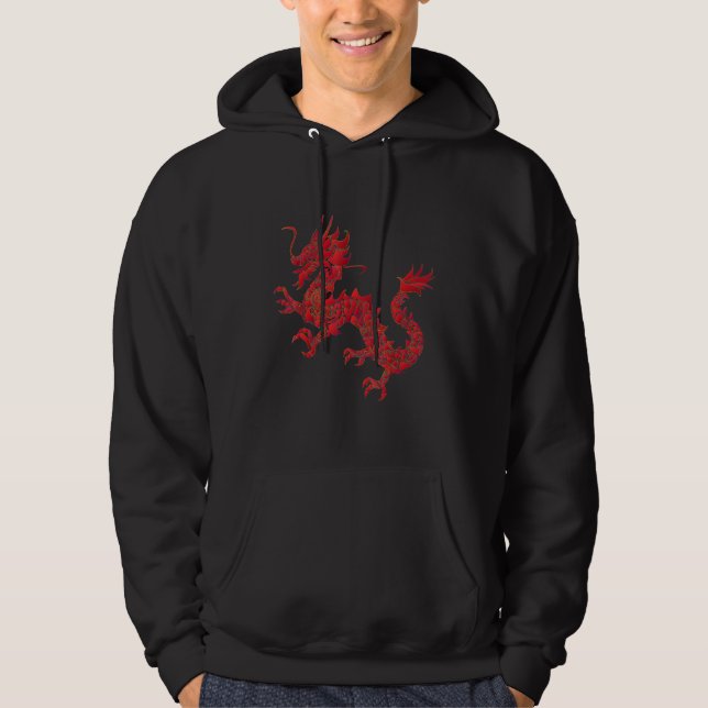 Red Chinese Firedrake Dragon Print Art Wear Hoodie (Front)