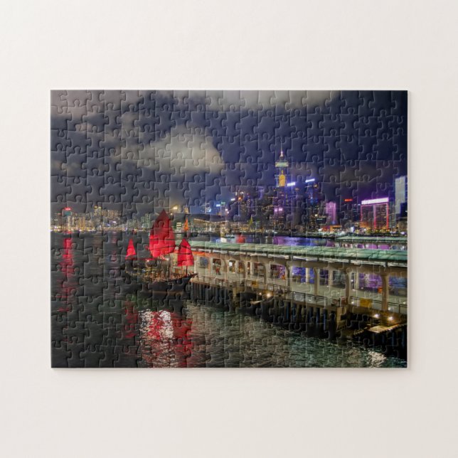 Red Chinese Junk in Hong Kong at Night Puzzle (Horizontal)