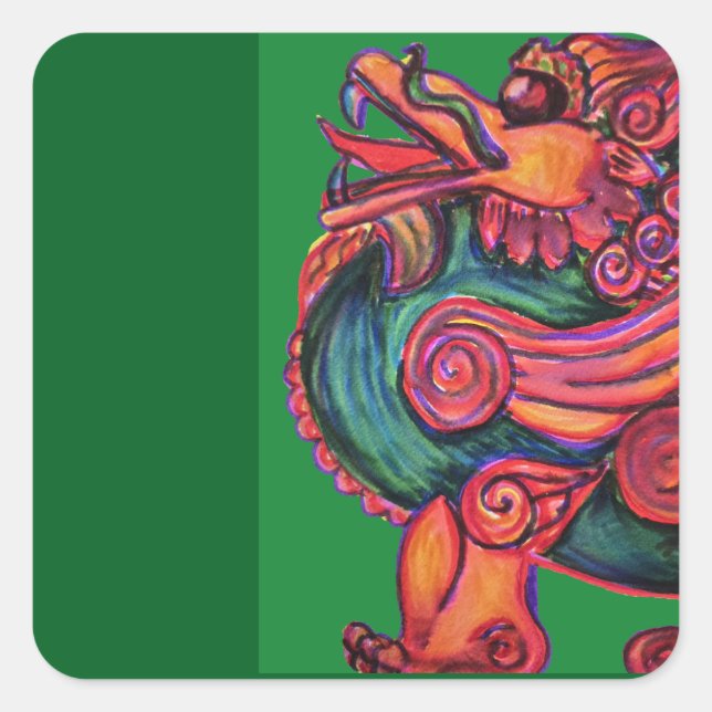 red Chinese lion on green Square Sticker (Front)