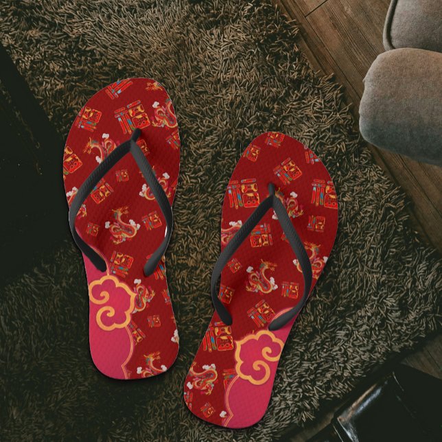Red Chinese New Year Dragon Blessings Good Fortune Flip Flops (Creator Uploaded)
