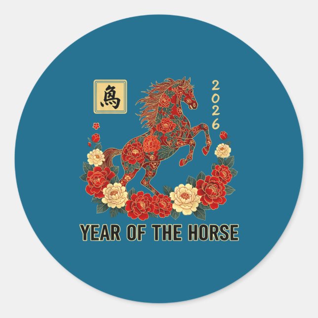Red Chinese New Year Of The Horse 2026 Chinese Zod Classic Round Sticker (Front)