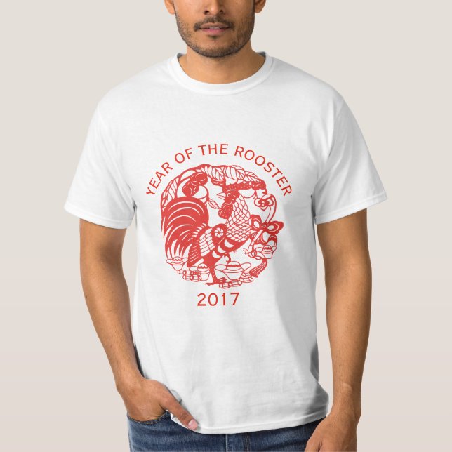 Red Chinese  Rooster Year Papercut Zodiac T T-Shirt (Front)