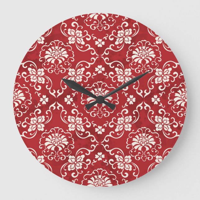 Red Chinese spiral flower background. Large Clock (Front)