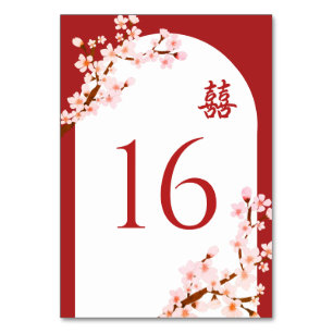 Red Chinese wedding cherry blossom arch Table Number
