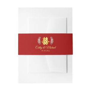 Red Chinese wedding double happiness floral Invitation Belly Band