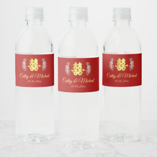 Red Chinese wedding double happiness floral Water Bottle Label