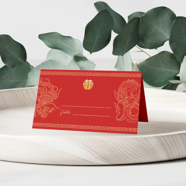 Red Chinese wedding dragon phoenix banquet Place Card (Creator Uploaded)