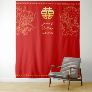Red Chinese wedding dragon phoenix photo backdrop Tapestry