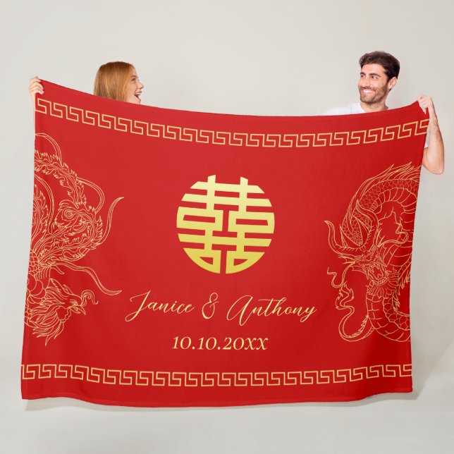 Red Chinese wedding dragon phoenix traditional Fleece Blanket (In Situ)