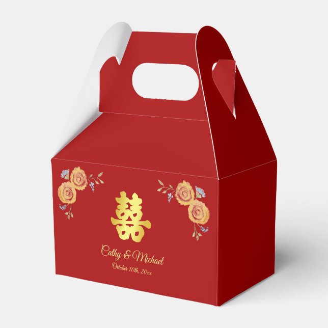 Red Chinese wedding orange floral double happiness Favour Box (Front Side)