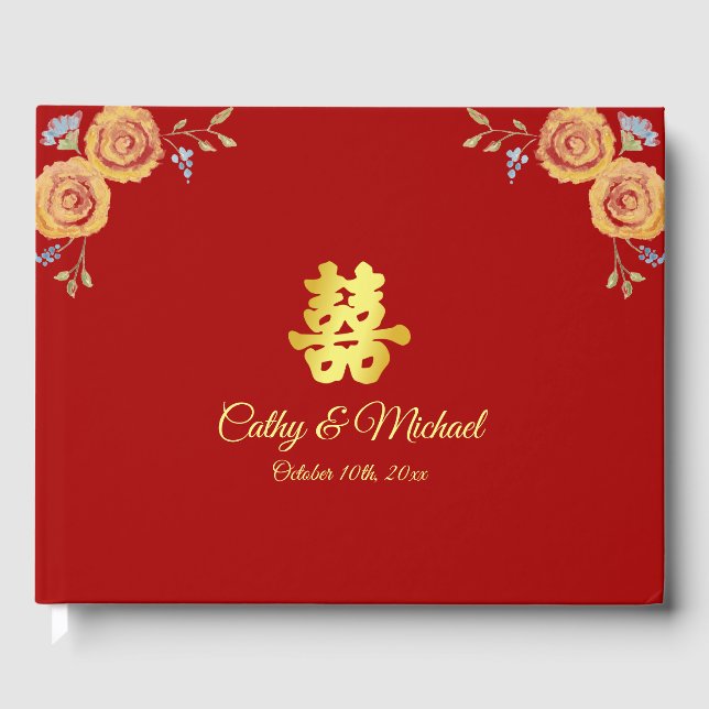 Red Chinese wedding orange floral tea ceremony Guest Book (Front)