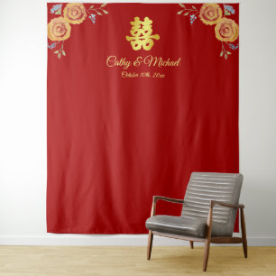 Red Chinese wedding orange floral tea ceremony Tapestry