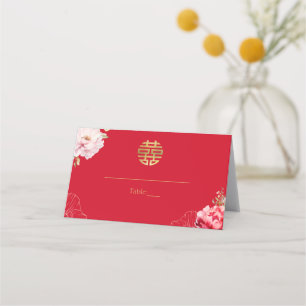Red Chinese Wedding Peonies Double Happiness Place Card