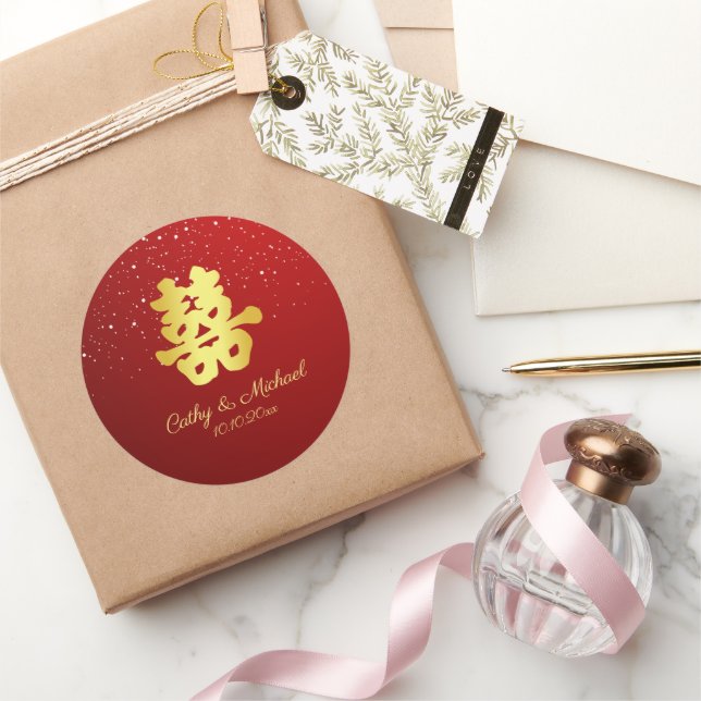 Red Chinese wedding snowflake double happiness Classic Round Sticker (Gifting)