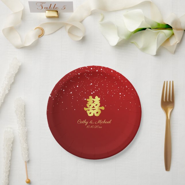 Red Chinese wedding snowflake double happiness Pap Paper Plate (Wedding)