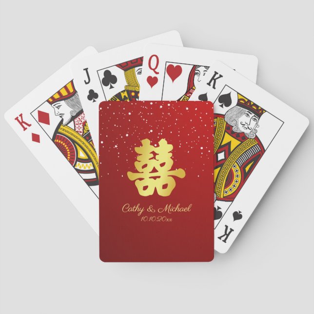 Red Chinese wedding snowflake double happiness Playing Cards (Back)