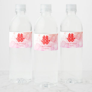 Red Chinese wedding watercolor cherry blossom Water Bottle Label
