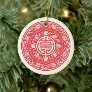 Red Chinese WuFu Good Luck Symbol Ceramic Tree Decoration