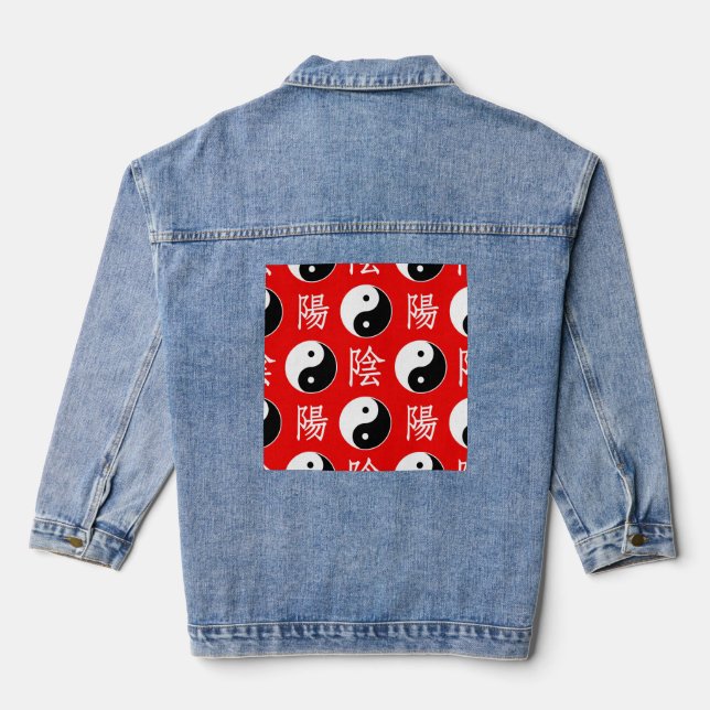 Red Chinese Yin Yang Pattern Denim Jacket (Back)