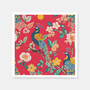 Red Chinoiserie Floral with Peacocks Napkin