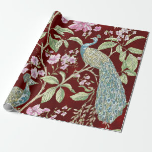 Red Chinoiserie peacock floral elegant decoupage Wrapping Paper