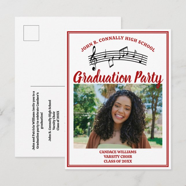 Red Choir Photo High School Graduation Party Invitation Postcard (Front/Back)