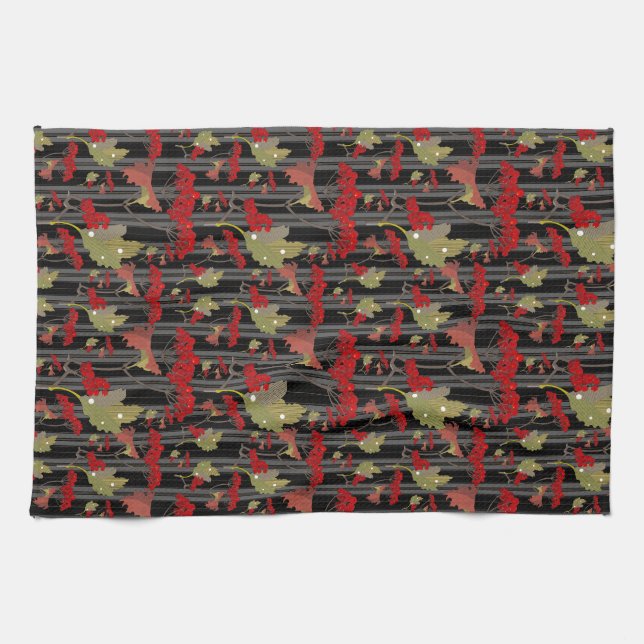 Red Chokeberry Botanical Berries Stripes Tea Towel (Horizontal)